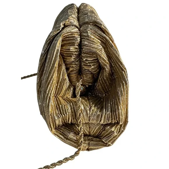 Loeffler Randall Bailey Oro Lame Pleated Clutch Dome Shape Gold Metallic Glam - Picture 7 of 10